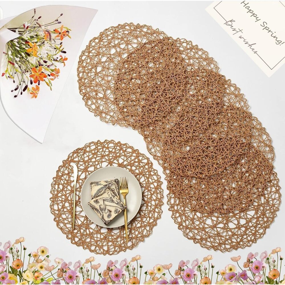 Brown Round Placemats Set of 12 for Dining Table, 13 Inches Paper Woven